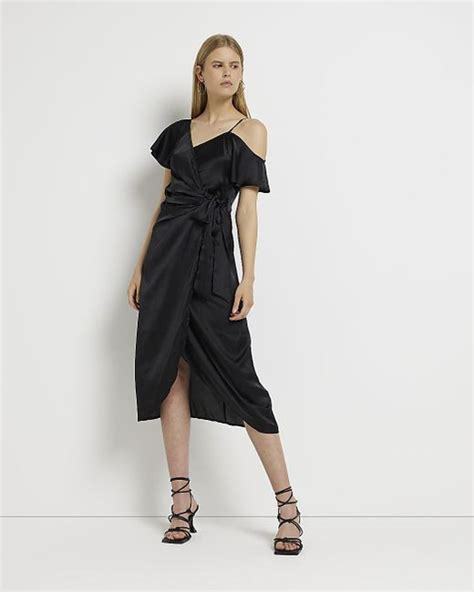 River Island Black Satin Wrap Midi Slip Dress Lyst Uk