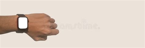 Black Male Hand Wearing Smart Watch On Beige Banner Mockup Stock Image