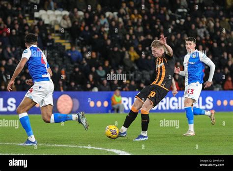 Liam Delap Of Hull City Takes A Shot But Goes Over The Crossbar