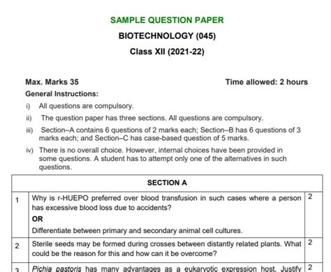 Cbse Class 12 Term 2 Biotechnology Sample Question Papers 2021 22 Pdf