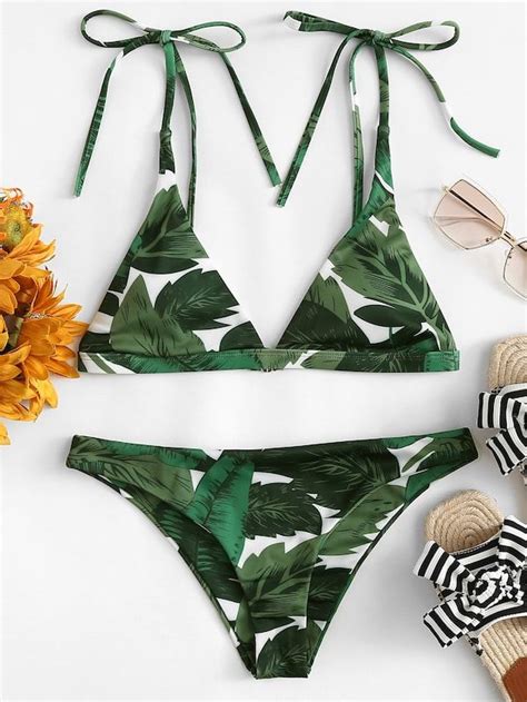 Triangle Top With Tropical Print Bikini Set Shein Sheinside Printed