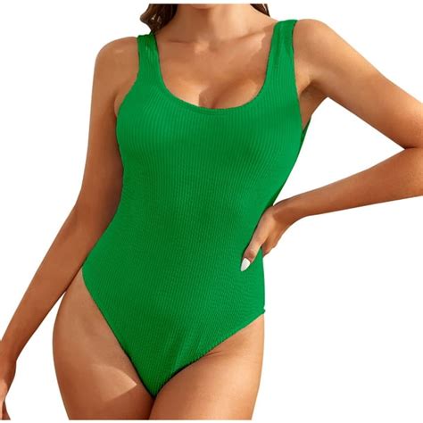 Vsssj One Piece Swimsuit For Women Solid Color U Neck Ribbed Vest Bikini Set Low Back Sexy