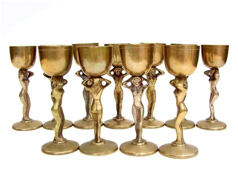 Vintage Brass Goblet Set Mid Century Barware Art Deco Nude Goblets