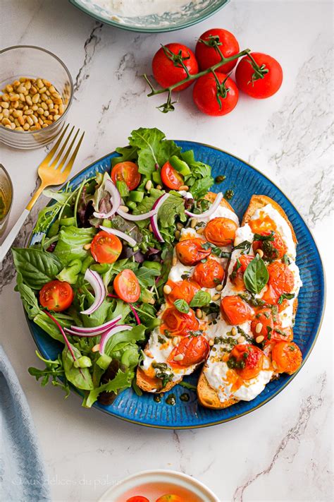 Bruschetta Burrata et tomates cerises confites Aux délices du palais