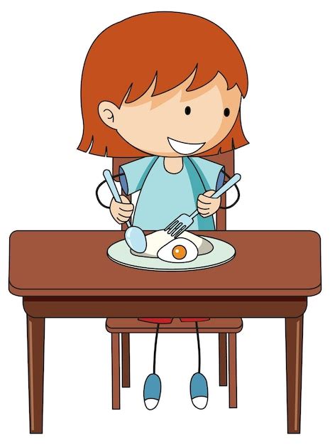 Una Niña Desayunando Personaje De Dibujos Animados De Doodle Aislado