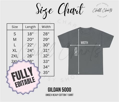 Gildan 5000 Editable Size Chart Digital Download Unisex Etsy