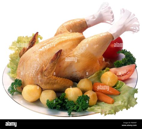 Served Roasted Chicken On Garnish Plate Isolated On White Background