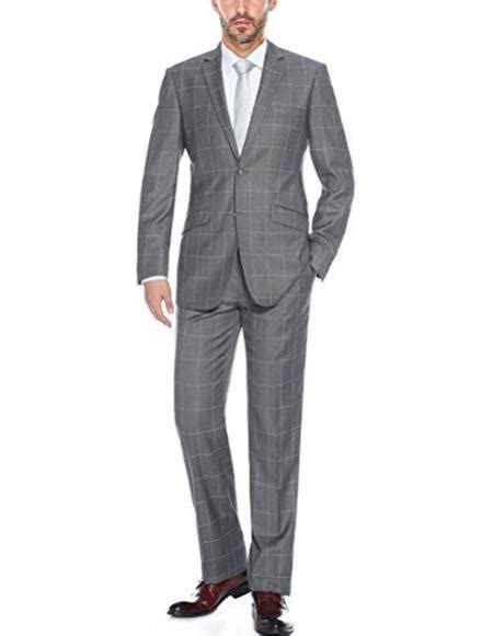 Mens Windowpane Plaid Slim Fit Two Piece Grey Suit