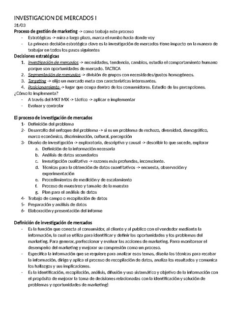 Primer parcial INVESTIGACION DE MERCADOS I 31 Proceso de gestión de