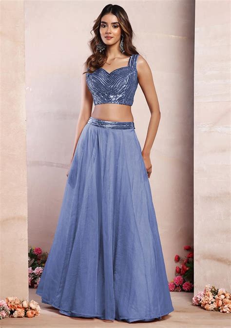 Buy Women Steel Blue Organza Lehenga Set With Sequin Hand Embroidered