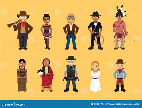 Western Wild West Cute Cartoon Characters Set Stock Vector ...