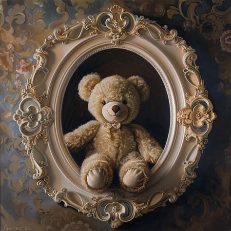 charming teddy bear portrait   reflective mirror frame premium ai