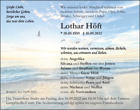 Traueranzeigen von Lothar Höft trauer anzeigen de