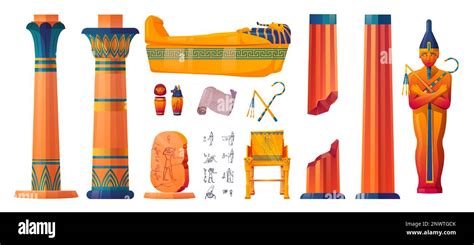 Cartoon Set Of Egyptian Temple Interior Design Elements Isolated On