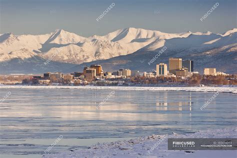 Anchorage skyline chugach mountains — snow, earthquake park - Stock Photo | #165616314