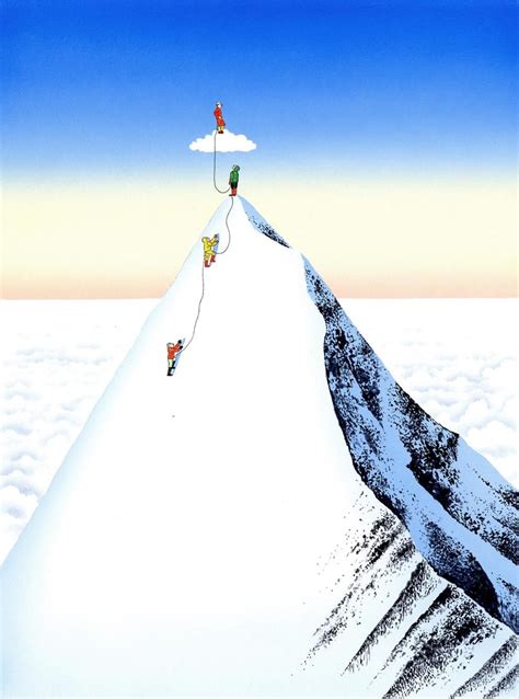 A Painting Of People Climbing Up The Side Of A Snow Covered Mountain