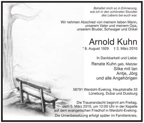 Traueranzeigen Von Arnold Kuhn Trauer In Nrw De