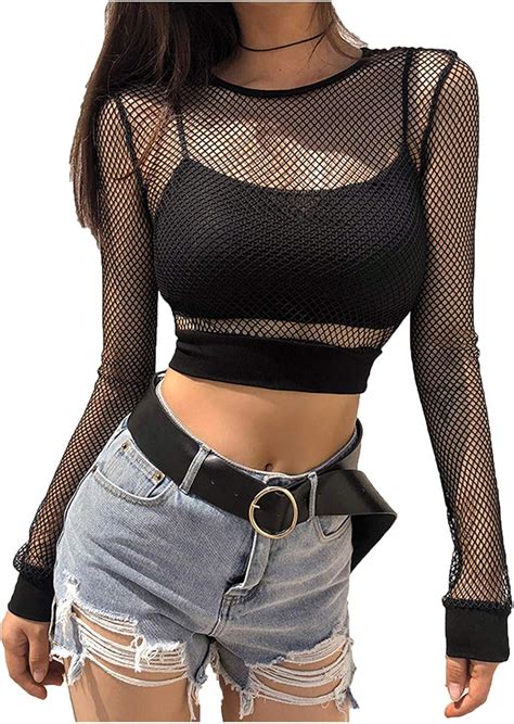 Damen Langarm Mesh Patchwork Crop Top Sexy Hollow Out Durchsichtige T