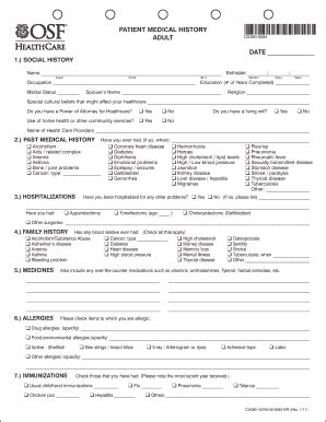 Fillable Online Medical History Form Adult Osf Medical Group Fax