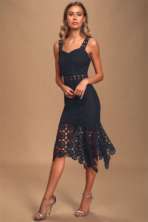 Chic Navy Blue Dress Crochet Lace Midi Dress Sleeveless Dress