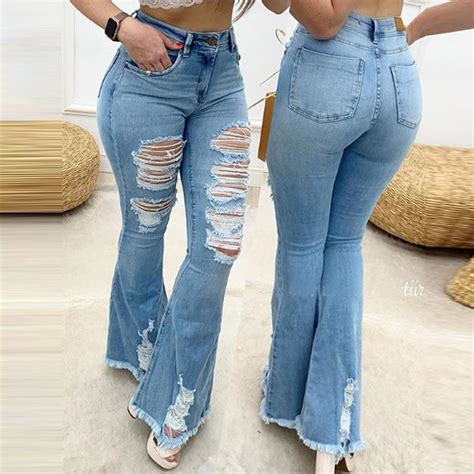 Pantalones Vaqueros Rasgados De Cintura Alta Para Mujer Vaqueros De