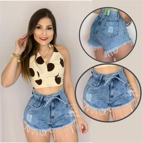 Short Jeans Feminino Cintura Alta Shorts Hot Pant Shorts Cordinha Moda