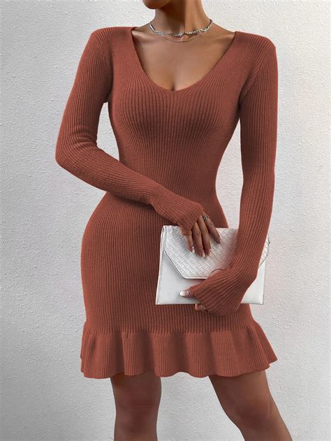 Ribbed Knit Ruffle Hem Sweater Dress