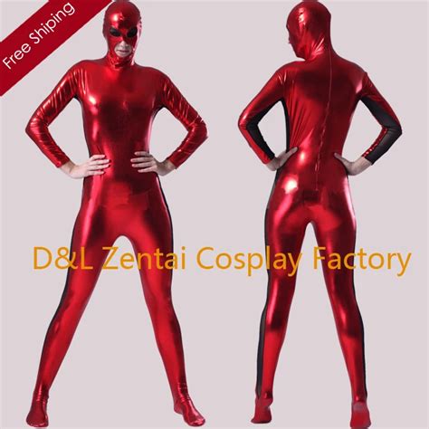 Free Shipping Dhl Open Mouth Red Shiny Metallic Zentai Suit For Women