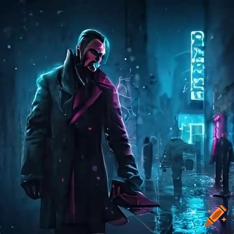 Neon Lit Cyberpunk Street Scene In The Rain