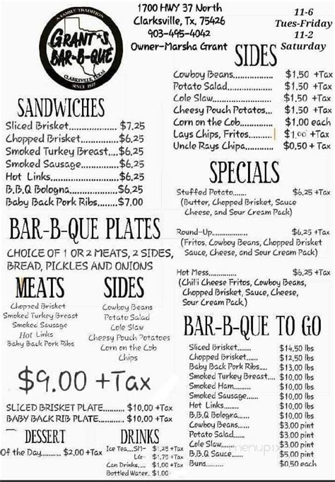 Online Menu Of Grants Bar B Que Clarksville Tx