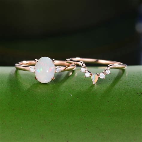 Rose Gold Oval Cut Opal Engagement Ring Set Bridal Promise Anniversary