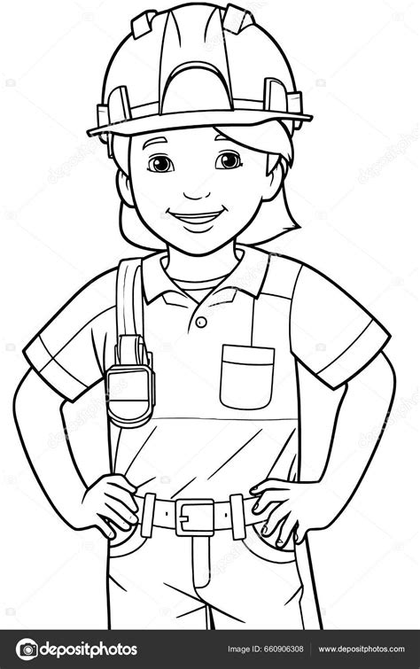 Engineer Black White Coloring Pages Kids Simple Lines Cartoon Style ...