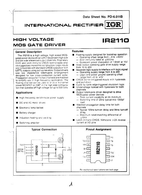 IR2110 Datasheet 1 24 Pages IRF HIGH VOLTAGE MOS GATE DRIVER