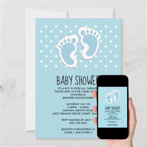 Cute Blue Baby Boy Footprints Baby Shower Invitation | Zazzle