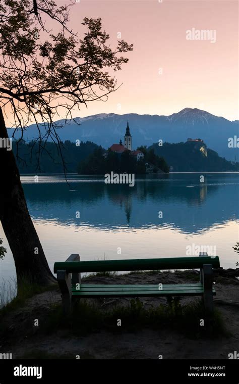 Lake Bled With Mountains In Slovenia Stock Photo Alamy