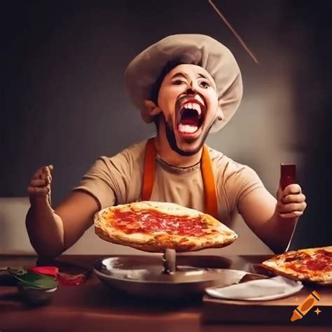 Man Making A Funny Face While Making Pizza On Craiyon