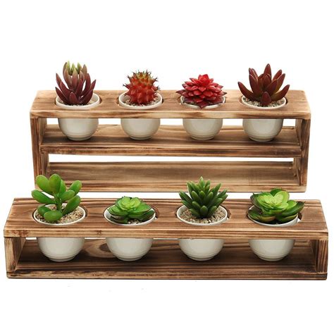 Rustic Tiered Succulent Planter Stand With Ceramic Pots Set Of 2 In 2020 Wood Planters