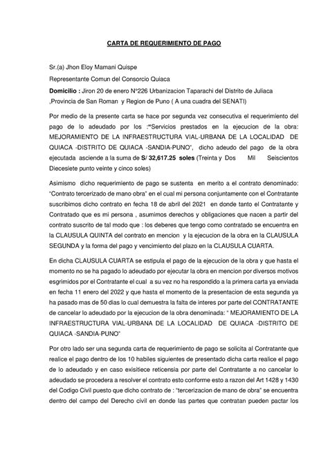 Carta DE Requerimiento DE PAGO CARTA DE REQUERIMIENTO DE PAGO Sr A