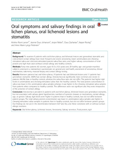 Pdf Oral Symptoms And Salivary Findings In Oral Lichen Planus Oral Lichenoid Lesions And