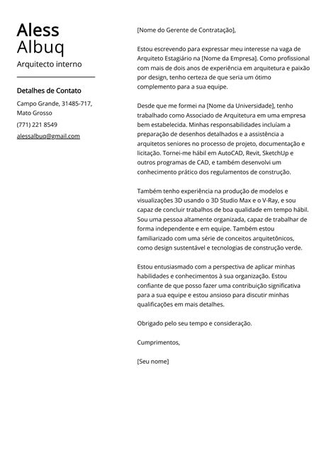 Carta de Apresentação Arquitecto interno: Exemplo e guia (empregos de
