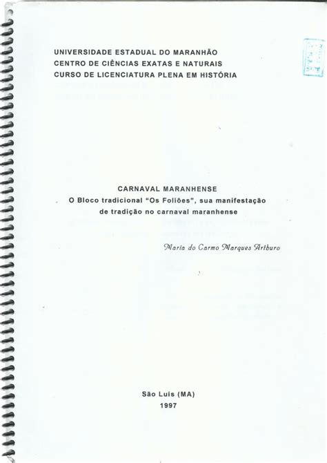 Monografia Bloco Carnavalesco Tradicional os Foliões 1997 Cultura