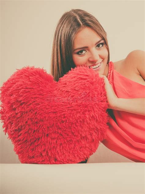 Woman With Heart Shape Pillow Valentines Day Love Stock Image Image Of Joyful Girl 117410301