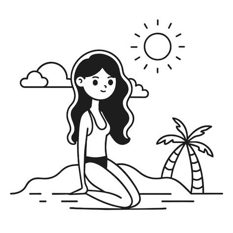 Mujer en bikini chica de verano en vacaciones traje de baño de playa vacaciones dibujado a mano