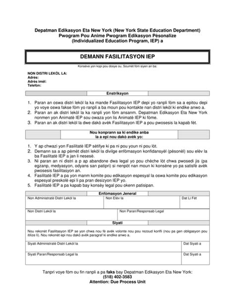 New York Iep Facilitation Request Haitian Creole Fill Out Sign