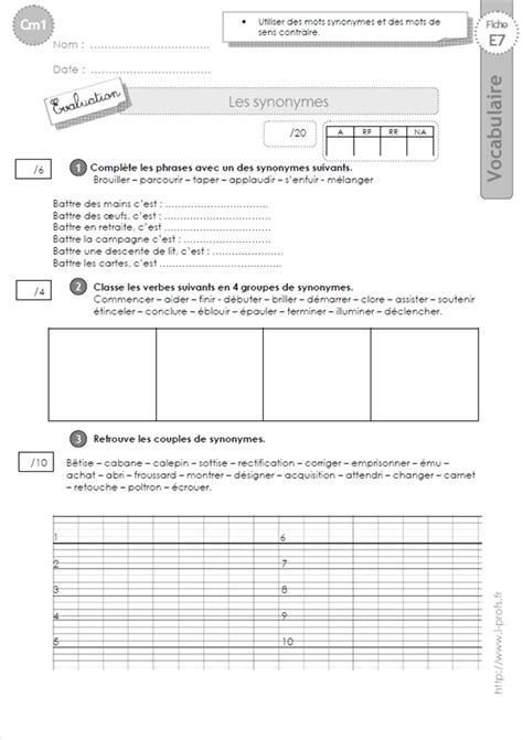 Evaluation VOCABULAIRE CM1 Les Synonymes