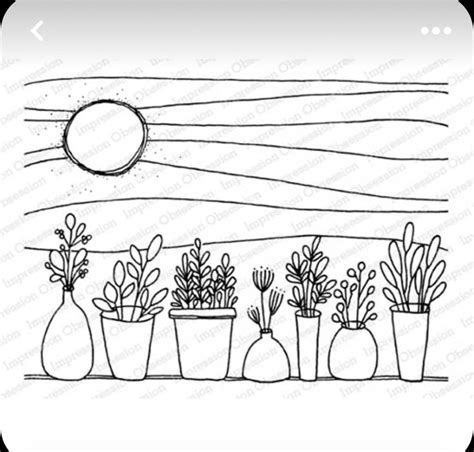 A Line Drawing Of Potted Plants With The Sun In The Sky Behind Them