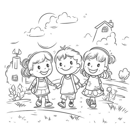 Trois Enfants Dans Le Parc Coloriage Contour Croquis Dessin Vecteur Png