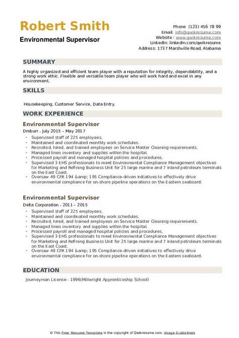 Environmental Supervisor Resume Samples Qwikresume