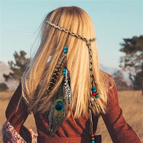 Campsis Indian Peacock Feather Headbands Boho Princess Head Chain Bule