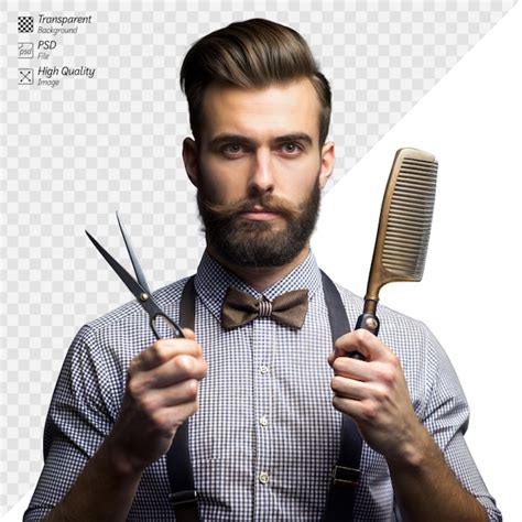 Premium PSD | Barber holding scissors and comb on transparent background